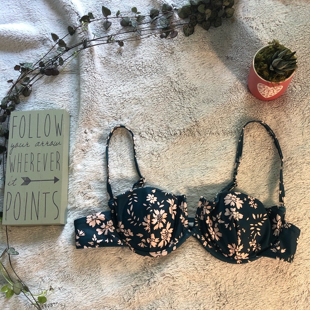 Green and white floral bikini top